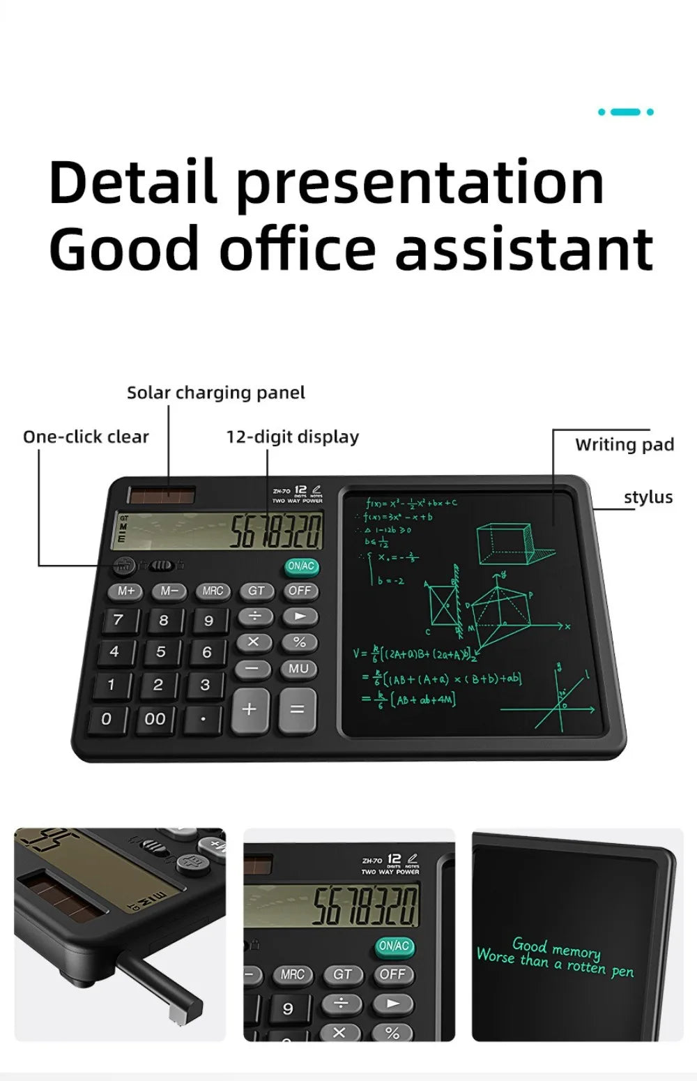 12 Digits 2in1 Calculator Solar Power with Writing Pad Standard Function Calculator 6 inch Dual Stylus Pen Drawing Pad