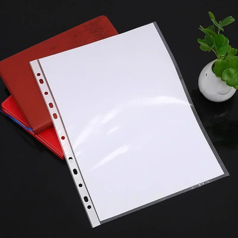 100pcs 11 Holes Thickening Transparent Plastic Punched File Folders A4 Document Sleeves Protector Office Supplies