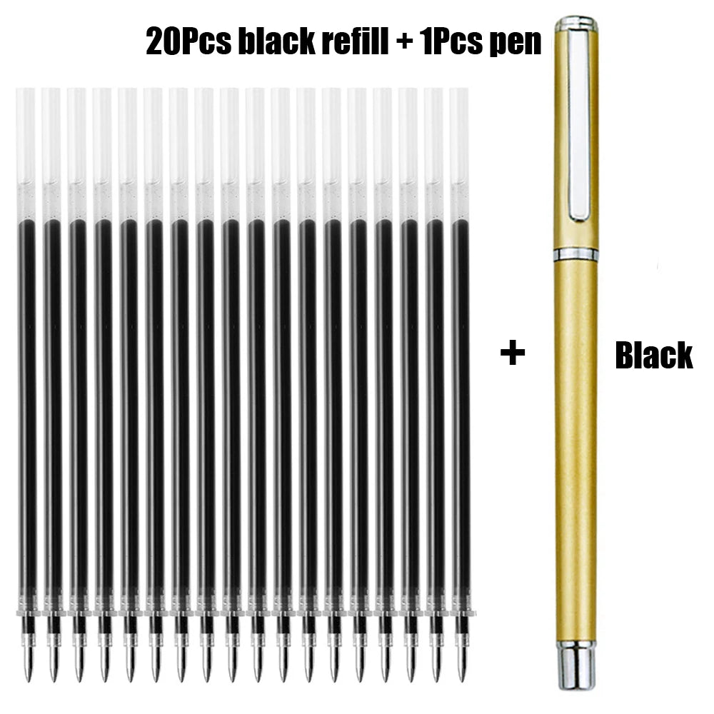 1+20Pcs Metal Gel Ink Sign Pen Rotating 0.5MM Black Switzerland Refill Business Signing School Office Stationery Ballpen