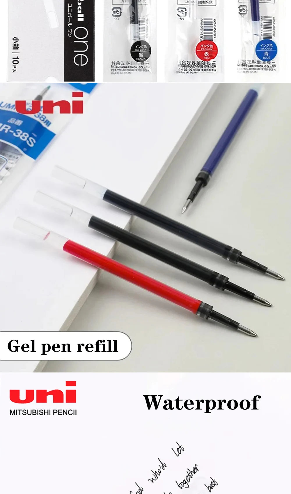 10PCS Uni-ball One Gel Pen Refill UMR-05S/UMR-38S Applicable To UMN-SP/UMN-SF Back To School Japanese Stationery 0.38mm/0.5mm