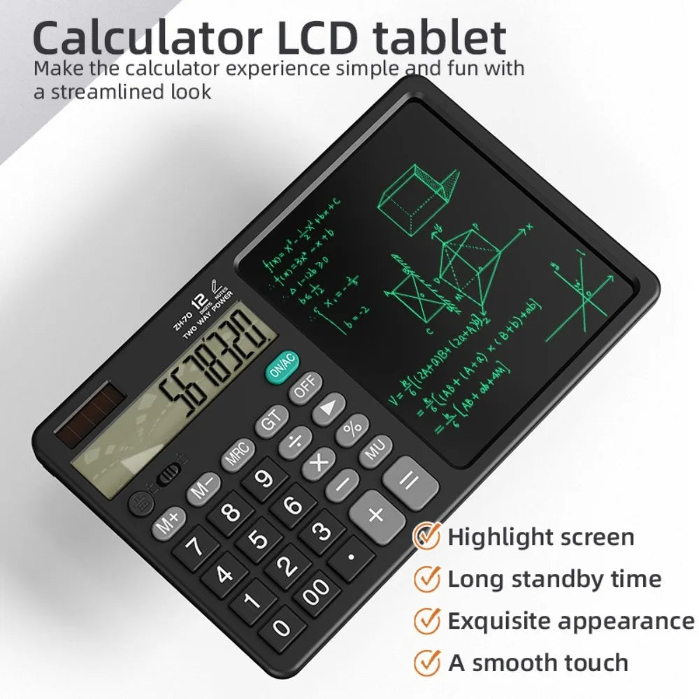12 Digits 2in1 Calculator Solar Power with Writing Pad Standard Function Calculator 6 inch Dual Stylus Pen Drawing Pad