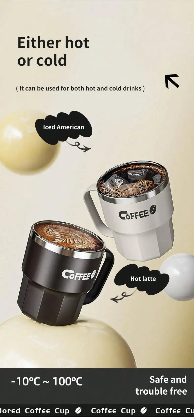 WORTHBUY 400/480ML 304 Stainless Steel Coffee Cup With Lid&Handle Double Layer Coffee Mug Drinkware Reusable Insulated Water Cup